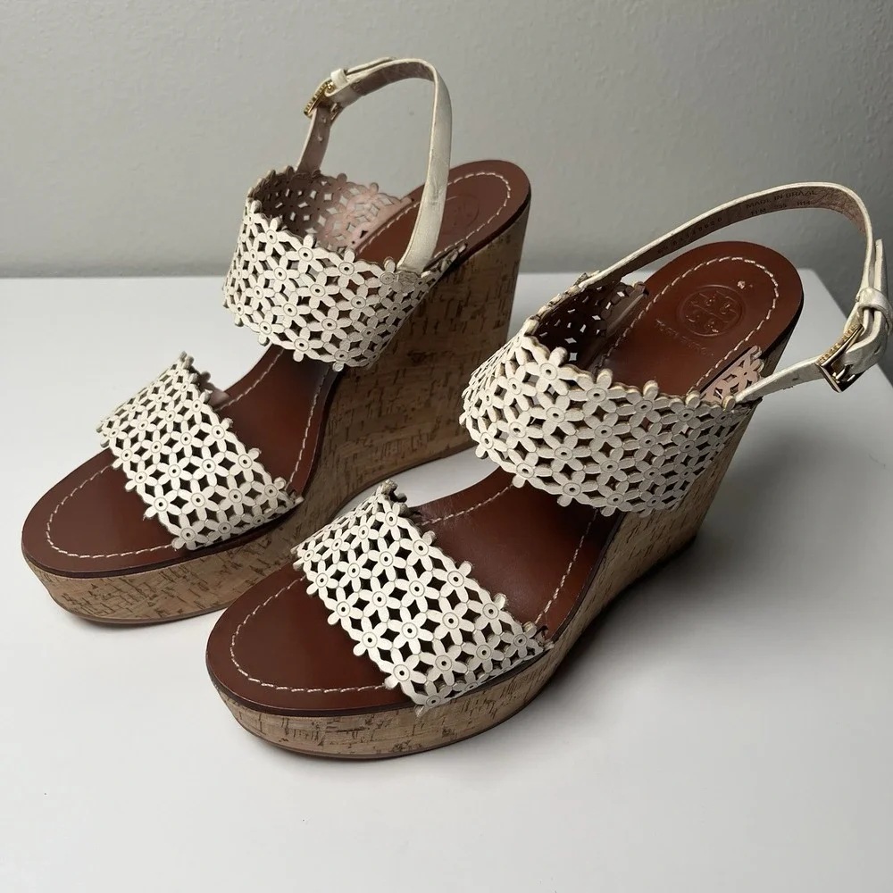 Tory Burch Wedge Sandals Womens 11M White Floral Laser Cut Cork Platform Summer